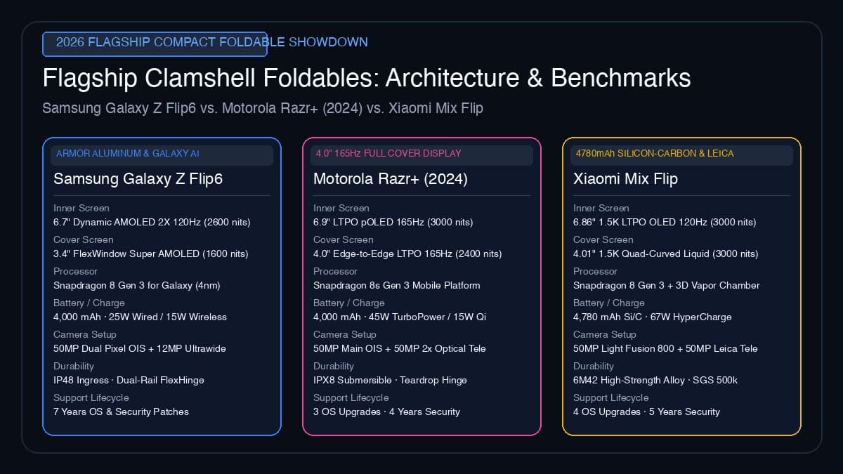 Samsung Galaxy Z Flip6 vs. Motorola Razr+ (2024) vs. Xiaomi Mix Flip: The Definitive Flagship Clamshell Foldable Architecture, Outer Screen Workflows, Armor Aluminum & Titanium Hinges, Silicon-Carbon Batteries, and Dual 50MP Camera Showdown (2026)