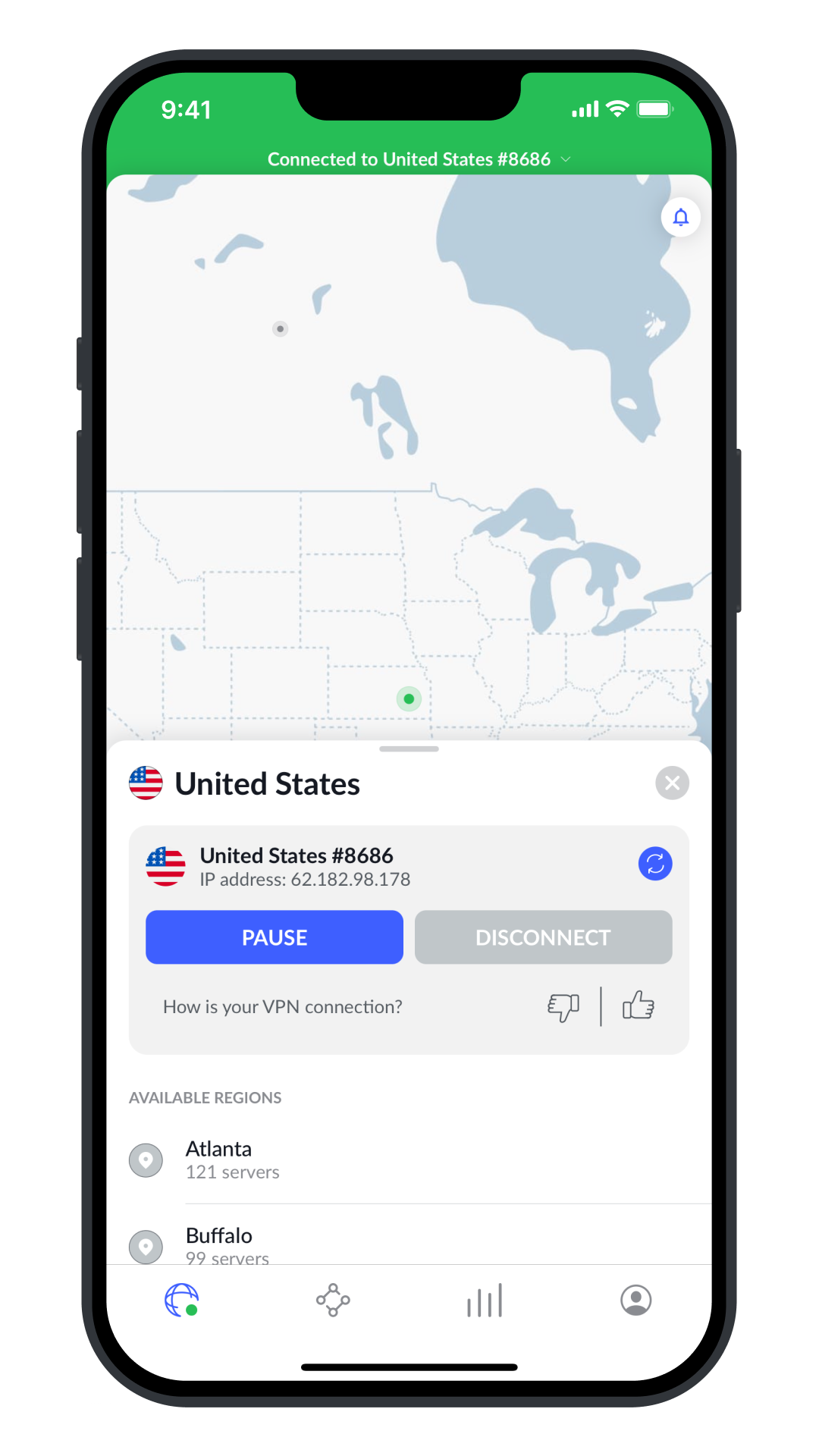 Official NordVPN mobile client connected status screen showing active encrypted connection