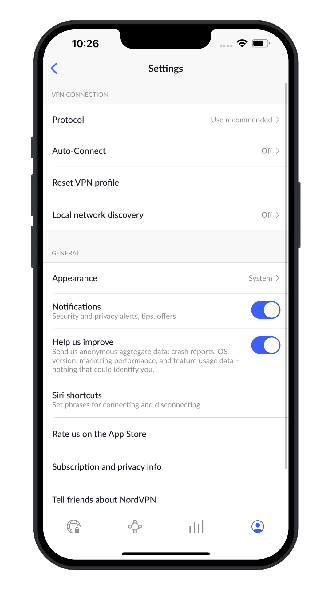 NordVPN client settings showing Auto-Connect and Kill Switch toggles