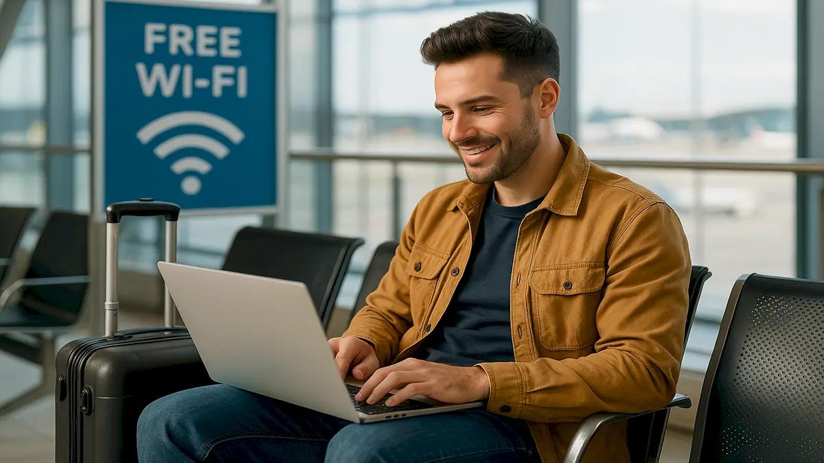 Traveler using laptop in an airport terminal with Free Wi-Fi sign